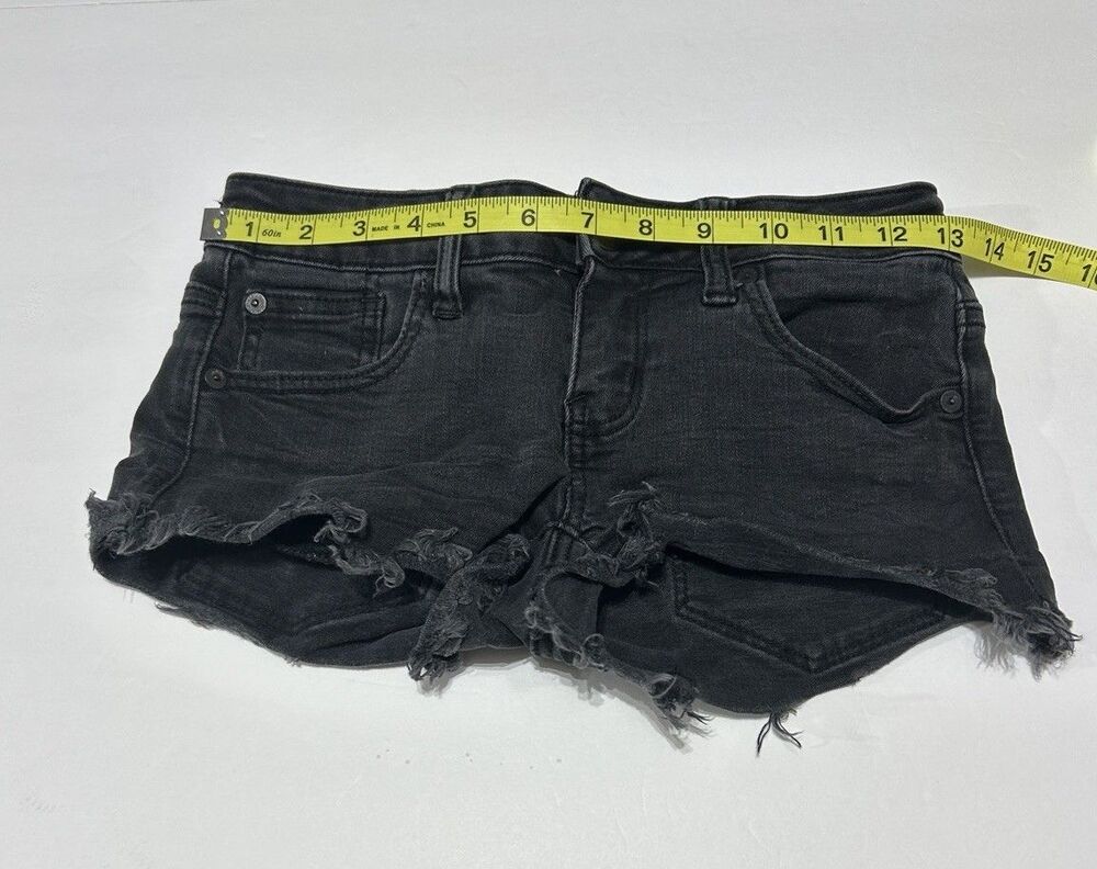 American Eagle Super Low Shortie Denim Shorts Women's Size 0 Black Frayed Cutoff - Picture 3 of 7